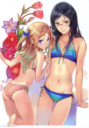 Rule 34 | 2girls, absurdres, ass, astrid zexis, atelier (series), atelier rorona, barefoot, bikini, black hair, blonde hair, blue bikini, blue eyes, bow, clenched hand, collarbone, cuderia von feuerbach, female focus, flat chest, flower, from behind, front-tie top, glasses, groin, hair bow, halterneck, highres, kishida mel, lips, long hair, looking at viewer, looking back, midriff, multiple girls, navel, official art, pink bikini, polka dot, polka dot bikini, polka dot swimsuit, rimless eyewear, side-tie bikini bottom, smile, string bikini, striped bikini, striped clothes, swimsuit, thigh gap, thighs, two side up, white background