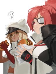 Rule 34 | 2girls, ?, absurdres, baiken, big hair, black jacket, black kimono, blonde hair, breasts, burger, cape, commentary, dark-skinned female, dark skin, english commentary, eyepatch, facial tattoo, flasso, food, food on face, guilty gear, hat, highres, jacket, jacket on shoulders, japanese clothes, kimono, large breasts, looking at another, medium breasts, midriff, multicolored clothes, multicolored kimono, multiple girls, navel, one-eyed, pink hair, ponytail, ramlethal valentine, red eyes, scar, scar across eye, scar on face, simple background, slit pupils, tattoo, tsurime, white background, white kimono, wrapper, yellow eyes