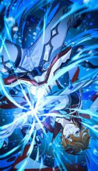 1boy aiming aiming_at_viewer black_gloves blue_eyes brown_hair commentary_request earrings genshin_impact gloves grey_pants grey_shirt grin hair_between_eyes highres hydro_symbol_(genshin_impact) hydrokinesis incoming_attack jewelry long_sleeves looking_at_viewer male_focus mask mask_on_head pants shibuki_kamone shirt short_hair single_earring smile solo tartaglia_(genshin_impact) upside-down vision_(genshin_impact) water