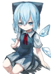 Rule 34 | 1girl, 9302w (user wjpg8475), arm support, blue bow, blue dress, blue eyes, blue hair, bow, cirno, collared shirt, dress, highres, ice, ice wings, looking at viewer, red ribbon, ribbon, shirt, short hair, short sleeves, sitting, smile, solo, touhou, white shirt, wings