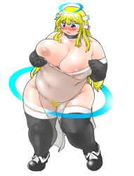 Rule 34 | 1girl, artist request, blonde hair, blue eyes, blush, breasts, character request, cleavage, fat, huge breasts, navel, nipples, obese, pubic hair, tagme