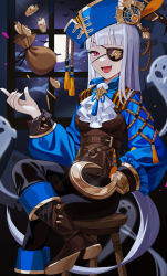 Rule 34 | 1girl, :d, absurdres, animal ears, ascot, bag, black pants, blue headwear, blue jacket, boots, breasts, brown footwear, cloud, commentary request, eyebrows hidden by hair, eyepatch, feet out of frame, full moon, ghost, gold ship (umamusume), grey hair, halloween, highres, hook hand, horse ears, horse girl, horse tail, indoors, jacket, long hair, long sleeves, medium breasts, moon, naeng chim, night, night sky, open mouth, pants, pirate costume, puffy long sleeves, puffy sleeves, red eyes, shoe soles, sitting, sky, smile, solo, stool, tail, umamusume, very long hair, white ascot, window