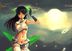 Rule 34 | 1girl, bad id, bad pixiv id, black hair, breasts, chinese clothes, contrapposto, fiodo, game console, gloves, green eyes, lips, long hair, medium breasts, midriff, navel, original, panties, personification, pubic tattoo, solo, standing, tattoo, underboob, underwear, xbox 360