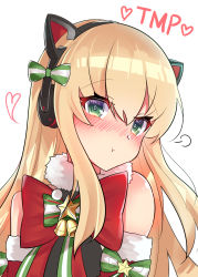 Rule 34 | 1girl, :t, animal ear headphones, animal ears, bad id, bad pixiv id, bare shoulders, bell, black shirt, blush, bow, cat ear headphones, cat ears, character name, closed mouth, commentary, detached sleeves, fake animal ears, fur-trimmed sleeves, fur collar, fur trim, girls&#039; frontline, green bow, green eyes, hair between eyes, head tilt, headphones, heart, highres, meow nyang, nose blush, official alternate costume, pout, shirt, simple background, sleeveless, sleeveless shirt, solo, star (symbol), striped, striped bow, tmp (girls&#039; frontline), tmp (red-eared cat) (girls&#039; frontline), white background