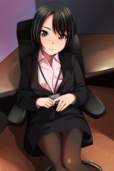 Rule 34 | 1girl, absurdres, asymmetrical hair, black hair, black suit, blush, breasts, brown eyes, brown pantyhose, brown thighhighs, business suit, chair, collared shirt, commentary request, feet out of frame, formal, highres, id card, lapels, looking at viewer, matsunaga kouyou, nose blush, office, office chair, office lady, original, own hands together, pantyhose, parted lips, pink shirt, shawl lapels, shirt, short hair, sitting, smile, solo, suit, swivel chair, thighhighs