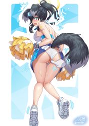 Rule 34 | 1girl, animal ears, arm tattoo, ass, bare legs, black hair, blue archive, blue eyes, bracelet, breasts, censored, clothing aside, disembodied limb, dog ears, dog tail, from behind, full body, goggles, goggles on head, gonster, halo, hibiki (blue archive), hibiki (cheer squad) (blue archive), highres, holding, holding pom poms, jewelry, large breasts, looking back, millennium cheerleader outfit (blue archive), mosaic censoring, open mouth, panties, panties aside, pom pom (cheerleading), pom poms, ponytail, pussy, shoes, sidelocks, solo focus, star tattoo, tail, tattoo, underwear, white footwear, white panties