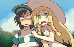 Rule 34 | 1boy, 1girl, bare shoulders, baseball cap, black eyes, black hair, blonde hair, blue headwear, blue shirt, blue sky, blush, braid, cloud, collarbone, constricted pupils, creatures (company), day, dress, elio (pokemon), flat chest, game freak, green eyes, hand up, hat, lillie (pokemon), long hair, looking at another, looking to the side, nintendo, open mouth, outdoors, pokemon, pokemon sm, scared, shirt, shiwo (siwosi), short hair, short sleeves, sky, sleeveless, sleeveless dress, striped clothes, striped shirt, sun hat, sweat, tears, twin braids, upper body, white dress, white hat