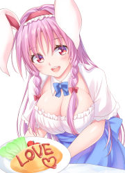 Rule 34 | 1girl, :d, animal ears, blue bow, blue bowtie, blue skirt, blush, bow, bowtie, braid, breasts, cleavage, commentary request, food, frilled hairband, frills, hair between eyes, hair bow, hairband, heart, hisae (hisae collect), holding, holding plate, large breasts, lettuce, long hair, looking at viewer, omelet, omurice, open mouth, plate, purple hair, rabbit ears, red bow, red eyes, red hairband, reisen udongein inaba, shirt, short sleeves, simple background, skirt, smile, solo, tomato, touhou, twin braids, upper body, white background, white shirt