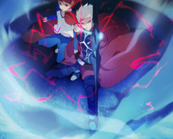 Rule 34 | 2boys, aiming, aiming at viewer, archer (fate), arrow (projectile), bow (weapon), drawing bow, electricity, emiya shirou, fate/stay night, fate (series), holding, holding bow (weapon), holding weapon, male focus, multiple boys, on one knee, red eyes, red hair, spiked hair, v-neck, weapon, white hair, yukihime (mofumofu2225)
