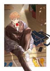 Rule 34 | 1boy, bag, baseball, black pants, bookbag, bread, bread slice, brown hair, cellphone, clip studio paint (medium), day, food, food in mouth, highres, indoors, jacket, jam, key, lemoncurcha, looking at viewer, male focus, mihashi ren, mouth hold, ookiku furikabutte, outside border, pants, pencil, phone, plant, potted plant, sandals, shoes, sitting, sneakers, solo, sunlight, toast, toast in mouth, wooden floor