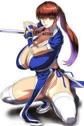 Rule 34 | 1girl, breasts, brown eyes, brown hair, covered erect nipples, curvy, dead or alive, full body, highleg, highleg panties, highres, holding, holding sword, holding weapon, huge breasts, judge (oekaki), kasumi (doa), long hair, looking at viewer, ninja, panties, partially visible vulva, pelvic curtain, ponytail, short sleeves, solo, sword, thighhighs, thong, underwear, weapon, white background, wide hips