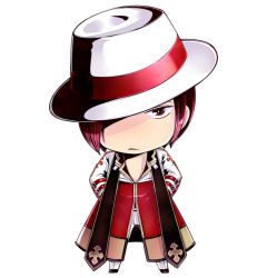 Rule 34 | 1boy, arch bishop (ragnarok online), chibi, closed mouth, coat, commentary request, fedora, full body, hands in pockets, hat, looking at viewer, multicolored coat, norapeko, open clothes, open coat, pants, ragnarok online, red coat, red eyes, red hair, short hair, simple background, solo, two-tone coat, white background, white coat, white hat, white pants