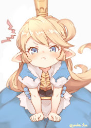 Rule 34 | 1girl, :t, annoyed, blonde hair, blue dress, blue eyes, blurry, blush, charlotta (granblue fantasy), clenched hands, crown, depth of field, dress, female focus, gold, granblue fantasy, harvin, hunched over, jingai modoki, pointy ears, pout, puffy short sleeves, puffy sleeves, short sleeves, simple background, solo, twitter username, white background