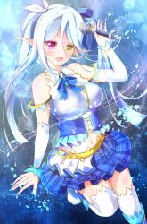 Rule 34 | 1girl, absurdres, bad id, bad twitter id, bare shoulders, blue background, blue bow, blue corset, blue ribbon, blue skirt, bow, breasts, corset, detached sleeves, ear piercing, eighth note, ex takehito, gold trim, heterochromia, highres, holding, holding microphone, looking at viewer, medium breasts, microphone, midriff, miniskirt, musical note, navel, open mouth, ortlinde=nblg=valkyria, piercing, pointy ears, red eyes, ribbon, skirt, solo, sound voltex, stomach, thighhighs, twintails, white hair, white thighhighs, yellow buttons, yellow eyes, zettai ryouiki