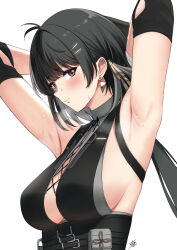 Rule 34 | 1girl, ahoge, armpits, arms up, bandaged arm, bandages, black dress, black eyes, black hair, blush, breasts, commentary, dress, earrings, english commentary, female rover (wuthering waves), from side, hair intakes, hair ornament, hair ribbon, hairclip, highres, jewelry, large breasts, long hair, looking at viewer, ribbon, rover (wuthering waves), sideboob, sidelocks, signature, simple background, solo, sweat, upper body, white background, wuthering waves, xter, yellow ribbon