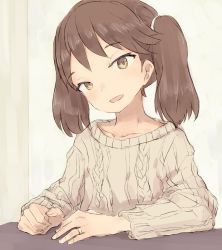 Rule 34 | 1girl, alchera, alternate costume, beige sweater, brown eyes, brown hair, collarbone, commentary request, jewelry, kantai collection, long hair, looking at viewer, ring, ryuujou (kancolle), smile, solo, twintails, wedding band