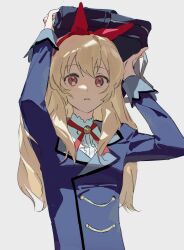 Rule 34 | 1girl, arms up, bag, blonde hair, blue shirt, bow hairband, breasts, character request, copyright request, expressionless, grey background, hairband, highres, holding, holding bag, long hair, long sleeves, looking at viewer, neck ribbon, parted lips, qing yan xia, red eyes, red hairband, red ribbon, ribbon, school bag, shirt, sidelocks, simple background, sketch, small breasts, solo, star (symbol), upper body