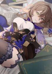 Rule 34 | 1girl, absurdres, black gloves, black thighhighs, book, breasts, brown hair, capelet, cleavage, closed mouth, corset, dress, flower, genshin impact, gloves, green eyes, hair between eyes, hair flower, hair ornament, highres, holding, holding book, jewelry, large breasts, lisa (genshin impact), long hair, looking at viewer, lying, multicolored clothes, multicolored dress, on back, purple capelet, purple corset, purple dress, purple flower, purple rose, rose, smile, solo, thighhighs, thighs, witch, yamabuki0211