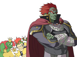 Rule 34 | 3boys, armor, bowser, bracelet, crossed arms, crossover, crown, dark-skinned male, dark skin, donkey kong (series), donkey kong country, earrings, ganondorf, gerudo, highres, horns, jewelry, king k. rool, mario (series), multiple boys, new super mario bros. u deluxe, nintendo, open mouth, pointy ears, red hair, spiked bracelet, spikes, super crown, super smash bros., the legend of zelda, the legend of zelda: ocarina of time, tina fate