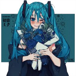 Rule 34 | 1girl, absurdres, artist name, black jacket, black skirt, blue background, blue eyes, blue flower, blue hair, blue nails, blue shirt, bouquet, character name, commentary, copyright name, daliyang, english commentary, flower, hair between eyes, hatsune miku, highres, holding, holding bouquet, jacket, long hair, looking at viewer, nail polish, off shoulder, one eye closed, parted lips, pleated skirt, shirt, shirt tucked in, skirt, sleeveless, sleeveless shirt, smile, solo, teeth, twintails, upper body, vocaloid, white background