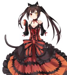Rule 34 | 10s, 1girl, animal ears, black hair, blush, breasts, cat ears, cat girl, cat tail, choker, cleavage, clock eyes, date a live, detached sleeves, dress, female focus, frills, google (asdek18), gothic lolita, heterochromia, highres, lolita fashion, long hair, looking at viewer, paw pose, red dress, red eyes, ribbon, smile, solo, standing, symbol-shaped pupils, tail, tokisaki kurumi, twintails, white background, yellow eyes