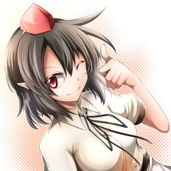 Rule 34 | 1girl, ashiroku (miracle hinacle), black hair, black neckwear, black ribbon, breasts, commentary request, dress shirt, hat, looking at viewer, medium breasts, one eye closed, pointy ears, puffy short sleeves, puffy sleeves, red eyes, ribbon, shameimaru aya, shirt, short hair, short sleeves, smile, solo, thumbs up, tokin hat, touhou, white shirt