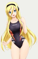 Rule 34 | 1girl, :d, blonde hair, blue eyes, clenched hands, competition swimsuit, covered navel, fuuma nagi, hair between eyes, hairband, headphones, lily (vocaloid), long hair, one-piece swimsuit, open mouth, simple background, smile, solo, speedo (company), swimsuit, vocaloid
