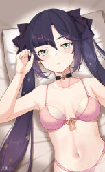 Rule 34 | 1girl, absurdres, asymmetrical bangs, bed sheet, bikini, blue eyes, breasts, choker, collarbone, genshin impact, green eyes, hair ornament, hair ribbon, half-closed eyes, hand in own hair, highres, kemile, looking at viewer, lying, mona (genshin impact), navel, on back, on bed, parted lips, pillow, pink bikini, purple hair, ribbon, small breasts, solo, star (symbol), star choker, star hair ornament, stomach, swimsuit, twintails, underwear, underwear only, upper body