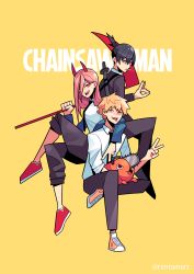 Rule 34 | + +, 1girl, 2boys, absurdres, black hair, black jacket, black neckwear, black pants, blonde hair, breasts, chainsaw, chainsaw man, cigarette, collared shirt, commentary, copyright name, cross-shaped pupils, demon girl, denji (chainsaw man), english commentary, english text, formal, fox shadow puppet, hair between eyes, hayakawa aki, hemokinesis, highres, holding, holding scythe, horns, jacket, katana, long hair, long sleeves, looking at viewer, medium breasts, medium hair, multiple boys, necktie, open mouth, pants, pink hair, pochita (chainsaw man), power (chainsaw man), red footwear, scythe, sharp teeth, shirt, shirt tucked in, shoes, short hair, simple background, sleeves rolled up, smile, sword, sword behind back, symbol-shaped pupils, teeth, timtam, v, weapon, white shirt, yellow background
