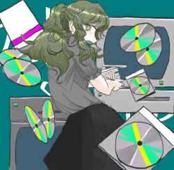 Rule 34 | 1girl, black skirt, cd, cd case, commentary, crt, from behind, green eyes, green hair, grey shirt, hair ornament, hairclip, looking to the side, open mouth, original, ponytail, shirt, sk76376502, skirt, solo, sweat, symbol-only commentary, television