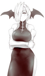 Rule 34 | 10s, 1girl, bad id, bad pixiv id, bare shoulders, black dress, blush, boku no hero academia, breasts, china dress, chinese clothes, closed mouth, crossed arms, curvy, detached sleeves, dragon girl, dress, ear piercing, earrings, elbow gloves, embarrassed, facing viewer, gloves, greyscale, half-closed eyes, head wings, headband, jewelry, large breasts, looking away, looking to the side, mask over one eye, monochrome, one eye covered, piercing, ryuukyuu, short hair, shpo, side slit, simple background, solo, standing, tatsuma ryuuko, thick thighs, thighs, turtleneck, turtleneck dress, white background, white gloves, wings