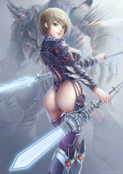 Rule 34 | 1girl, armor, ass, bikini armor, blonde hair, boots, breasts, brown hair, cleavage, dual wielding, fantasy, from behind, gi gi, giant, golem, green eyes, highres, holding, large breasts, lips, looking at viewer, monster, original, parted lips, shiny skin, short hair, sideboob, smile, solo focus, sword, thigh boots, thighhighs, thighs, thong, weapon