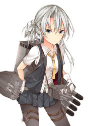 Rule 34 | 10s, 1girl, dress shirt, gloves, grey eyes, kanpyo (hghgkenfany), kantai collection, long hair, looking at viewer, machinery, necktie, nowaki (kancolle), pantyhose, shirt, silver hair, solo, vest, white gloves, yellow necktie