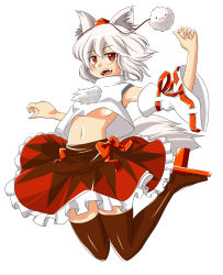 Rule 34 | 1girl, :3, animal ears, armpits, arms up, bow, breasts, detached sleeves, fangs, female focus, fingernails, frills, geta, hat, high collar, highres, inubashiri momiji, jumping, legs up, looking at viewer, midriff, navel, no bra, open mouth, pom pom (clothes), red eyes, shiina excel, shirt, short hair, simple background, skirt, solo, tail, teeth, thighhighs, tokin hat, touhou, underboob, white background, white hair, wolf ears, wolf tail