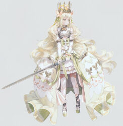 1girl 21_(nijuichinichi) blonde_hair bow butterfly_hair_ornament celine_(fire_emblem) cross-laced_clothes cross-laced_dress crown dress dress_bow fire_emblem fire_emblem_engage gem green_eyes hair_ornament holding holding_sword holding_weapon long_hair nintendo orange_bow orange_gemstone orange_wristband platform_footwear platform_heels princess sword very_long_hair weapon wrist_bow yellow_dress