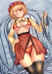 Rule 34 | 1girl, ;), aki minoriko, bikini, black thighhighs, blonde hair, breasts, cleavage, closed mouth, food, fruit, grapes, groin, hair ornament, hand on own hip, hat, highres, holding, holding hose, hose, long sleeves, looking at viewer, medium breasts, mob cap, one eye closed, plaid, plaid bikini, red bikini, red eyes, red hat, red skirt, see-through, see-through skirt, shirt, short hair, shounen (hogehoge), skirt, smile, solo, standing, swimsuit, thighhighs, touhou, water, x hair ornament, yellow shirt