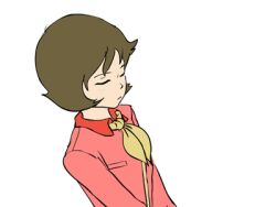 Rule 34 | 1970s (style), 1girl, animated, animated gif, blouse, brown hair, commentary, english commentary, fraw bow, giving, gundam, gundam seed, happy, haro, lowres, mobile suit gundam, nippori honsha, oldschool, parody, retro artstyle, robot, scarf, science fiction, shirt, smile, style parody, tongue, upper body, white background, yellow scarf