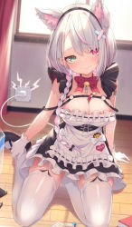 Rule 34 | 1girl, android, animal ears, apron, asymmetrical bangs, bandaid, bandaid hair ornament, barcode, barcode tattoo, between breasts, black hairband, blush, bottle, braid, breasts, cable, cable tail, cat ears, cat girl, character name, charger, chest strap, choker, cleavage, dress, ear piercing, electric plug, electricity, extra ears, french braid, frilled dress, frills, gloves, green eyes, hair ornament, hair over shoulder, hairband, heterochromia, highres, hitokuchii, indie virtual youtuber, indoors, large breasts, lolo (vtuber), lolo ch., long hair, looking at viewer, maid, maid apron, mechanical tail, mole, mole under eye, multicolored hair, o-ring, on floor, piercing, pink eyes, pink hair, ribbon choker, short dress, silver hair, sitting, smile, solo, stylus, symbol in eye, tail, tattoo, thighhighs, two-tone hair, virtual youtuber, white apron, white gloves, white thighhighs, window, wooden floor, x hair ornament