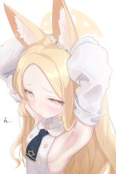 Rule 34 | 1girl, absurdres, animal ear fluff, animal ears, armpits, arms up, blonde hair, blue archive, blush, breasts, detached sleeves, drawing flover, ear blush, forehead, frown, halo, highres, looking at viewer, nose blush, presenting armpit, seia (blue archive), sideboob, simple background, small breasts, solo, standing, sweatdrop, tearing up, white background, yellow eyes, yellow halo