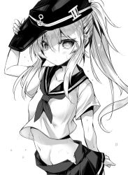 Rule 34 | 10s, 1girl, ai takurou, alternate hairstyle, anchor symbol, arm behind back, arm up, blush, breasts, closed mouth, collarbone, cowboy shot, eyebrows, flat cap, greyscale, groin, hair between eyes, hand on headwear, hat, hibiki (kancolle), kantai collection, long hair, looking at viewer, midriff, monochrome, navel, neckerchief, pleated skirt, ponytail, school uniform, serafuku, short sleeves, sidelocks, simple background, skirt, small breasts, solo, standing, stomach, sweat, white background