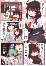 Rule 34 | 1boy, 2girls, adapted costume, admiral (kancolle), ahoge, belt, black hair, blue eyes, blush, braid, breast pocket, burger, camera, clenched hand, closed eyes, closed mouth, coat, comic, commentary request, detached sleeves, epaulettes, food, green eyes, green hair, hair between eyes, hair flaps, hair ornament, hair ribbon, hairclip, hand on own chest, heart, highres, kantai collection, long sleeves, military, military uniform, miniskirt, multiple girls, naval uniform, necktie, open mouth, parted bangs, pleated skirt, pocket, red ribbon, ribbon, shaded face, shigure (kancolle), shirt, single braid, skirt, sleeveless, sleeveless turtleneck, speech bubble, suzuki toto, sweatdrop, translated, trench coat, turtleneck, uniform, white shirt, window, yamakaze (kancolle)