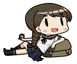 Rule 34 | 0 0, 10s, 1girl, 90mm single high-angle gun mount, bamomon, blue skirt, braid, brown hair, chibi, commentary request, fairy (kancolle), hair over shoulder, hair ribbon, kantai collection, long hair, lowres, open mouth, pleated skirt, ribbon, sailor collar, school uniform, serafuku, short sleeves, single braid, skirt, solid oval eyes, solo, uranami (kancolle)