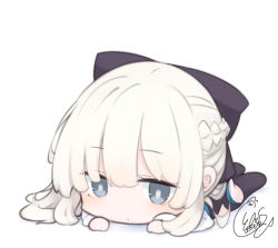 Rule 34 | 1girl, beni shake, black bow, black leotard, black thighhighs, bow, braid, chibi, closed mouth, commentary request, fate/grand order, fate (series), full body, grey eyes, grey hair, hair bow, leotard, long hair, long sleeves, looking at viewer, lying, morgan le fay (fate), no shoes, on stomach, shadow, signature, solo, thighhighs, very long hair, white background