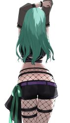 Rule 34 | 1girl, 4kebidayo, absurdres, arms up, ass, black shorts, bracelet, butt crack, cowboy shot, detached sleeves, fishnet pantyhose, fishnets, from behind, green hair, highres, jewelry, long hair, pantyhose, see-through, see-through sleeves, short shorts, shorts, simple background, solo, thigh gap, thigh strap, virtual youtuber, vspo!, white background, yakumo beni, yakumo beni (1st costume)