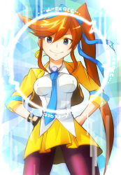 Rule 34 | 1girl, ace attorney, athena cykes, blue background, blue eyes, blue necktie, coat, hands on own hips, long hair, necktie, orange hair, pantyhose, phoenix wright: ace attorney - dual destinies, pleated skirt, ponytail, purple pantyhose, shirt, skirt, sleeves rolled up, smile, solo, tyone, white shirt, yellow coat, yellow skirt