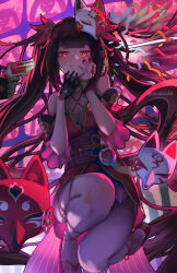 Rule 34 | 2girls, bare shoulders, bell, black gloves, blush, brown hair, commentary, confetti, criss-cross halter, detached sleeves, english commentary, firing, full body, gloves, grin, gun, halterneck, handgun, hands on own face, hands up, highres, holding, holding gun, holding weapon, honkai: star rail, honkai (series), japanese clothes, kimono, long hair, looking at viewer, mask, mask on head, multiple girls, nail polish, neck bell, o-ring, purple nails, red eyes, red kimono, red nails, red sleeves, revolver, sandals, shirakawafel, single glove, sleeveless, sleeveless kimono, smile, snubnosed revolver, solo focus, sparkle (honkai: star rail), television, toenail polish, toenails, twintails, twitter username, weapon
