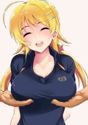 Rule 34 | 1girl, ahoge, blonde hair, blue shirt, blush, grabbing another&#039;s breast, breasts, closed eyes, grabbing, hachimiya meguru, hair ornament, hairclip, idolmaster, idolmaster shiny colors, large breasts, long hair, looking at viewer, low twintails, open mouth, polo shirt, shiroyukimajima, shirt, simple background, smile, solo focus, twintails, white background