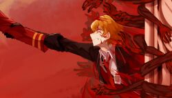 Rule 34 | 1boy, 1other, arm grab, black gloves, black jacket, blonde hair, blood, blood on face, clenched teeth, collared shirt, commentary request, dante (limbus company), disembodied hand, gloves, highres, jacket, kyuryuu anuma, limbus company, long sleeves, necktie, open clothes, open jacket, project moon, red necktie, shirt, short hair, sinclair (project moon), suspenders, sweat, teeth, white shirt, yellow eyes