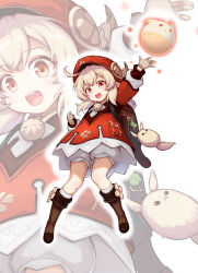 1girl :d absurdres ahoge backpack bag bag_charm blonde_hair bloomers boots brown_boots brown_gloves cabbie_hat charm_(object) dress feathers genshin_impact gloves hair_between_eyes hat hat_feather highres klee_(genshin_impact) knee_boots kneehighs long_hair long_sleeves low_twintails open_mouth outstretched_arm pointy_ears puffy_long_sleeves puffy_sleeves red_dress red_eyes red_hat ribbed_legwear smile socks solo standing standing_on_one_leg teeth twintails underwear upper_teeth_only white_bloomers white_feathers white_socks yoru_sei