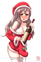 Rule 34 | 1girl, bare shoulders, blush, boots, bottle, brown eyes, christmas stocking, cowboy shot, dated, dress, drunk, grey hair, hat, highres, kanon (kurogane knights), kantai collection, logo, long hair, looking at viewer, pola (kancolle), red dress, red footwear, santa costume, santa hat, simple background, solo, standing, thick eyebrows, thighhighs, unworn boot, unworn boots, wavy hair, white background, white thighhighs, wine bottle